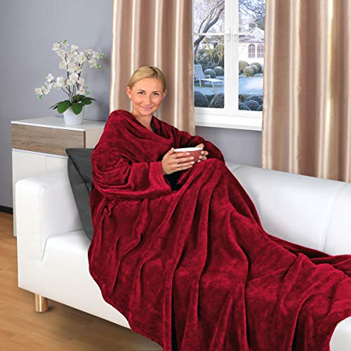 Gräfenstayn® Kuscheldecke mit Ärmeln und Fußtasche - Flauschige Decke zum anziehen - Öko-tex Standard 100 - Ärmeldecke für Damen & Herren - TV-Decke (Bordeaux, 180x150cm)