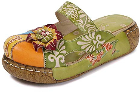 Unbekannt Damen Mokassins Slipper, Leder Sandalen Plattform Pantoffel Sommerschuhe Vintage Rückenfrei Clogs Bunte Blume Flache Schuhe Dicker Boden Strandschuhe (41, Grün)