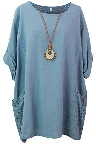 Storm Island Ladies Italian Plain Top Women Lagenlook Cotton Baggy Dress Two Pockets Necklace SI099