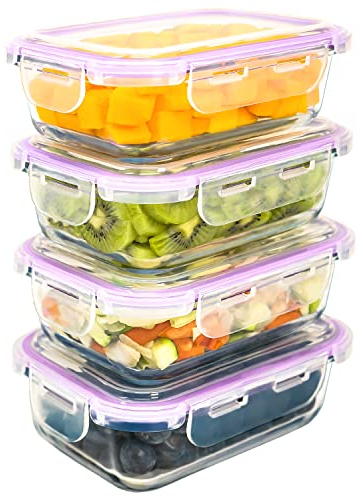 LG Luxury & Grace 4er Packung Glas Frischhaltedosen 600 ml. Luftdicht. Geeignet für Mikrowelle, Ofen, Gefrierschrank und Spülmaschine. BPA frei.