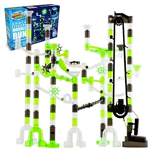 Marble Run Space Elevator with Glass Glow Marbles; Explore The Outer Space, 150 pcs - Illuminated by Glow in The Dark Marbles, Navigate an Intricate Maze Track, and Compete in an Exciting Race Set