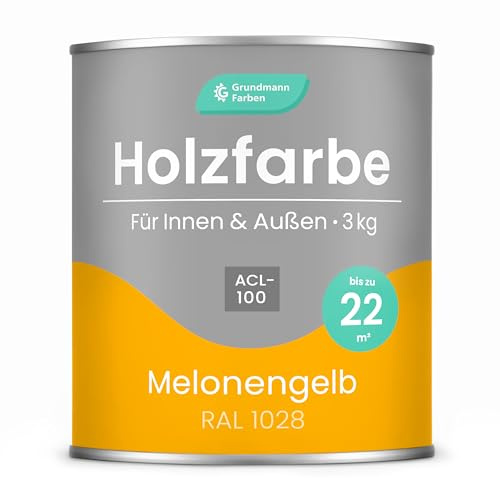 Grundmann Holzfarbe ACL 100 - Holzlack 3 Kg Gelb - 4in1 inkl. Grundierung - Seidenmatt - Wetterfest für Innen und Außen - RAL 1028 Melonengelb