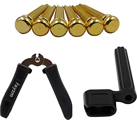 Rayzm Gitarrensaitenwickler/Gitarrensteg-Pin-Auszieher, Gitarrensaitenschneider/Gitarrenpin-Abzieher, 6 Stück Messing-Gitarrenstegstifte