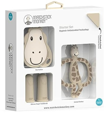 Matchstick Monkey Beißring Starter Set 3 teilig - Baby Zahnungshilfen - für wundes Zahnfleisch - Silikon - BPA-Frei - Tiermotiv, Gesicht, Fingerzahnbürsten (Gigi Giraffe)
