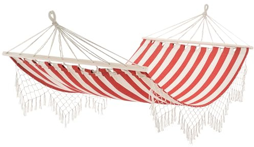 Outsunny Tragbare Reisehängematte Hippie Chic Stil Hängemattentuch ABM. 2L x 1l m Baumwolle Polyester Rot Creme gestreift