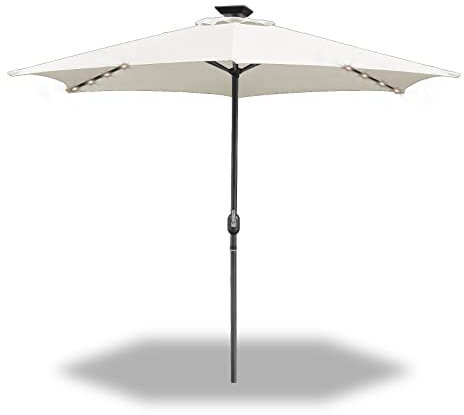 Sonnewelt Ombrellone da giardino 300 CM con Luci a LED Solari, Ombrellone da Spiaggia con Manovella, Ombrellone da pesca con 6 Stecche in Acciaio, Senza Base, per giardino, spiaggia (Beige)