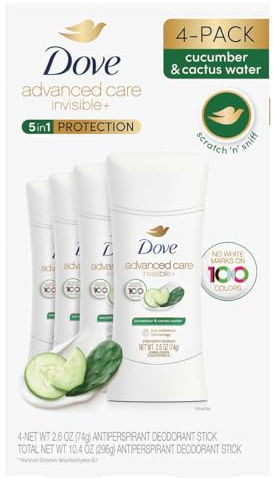 Dove Advanced Care Invisible+ Antiperspirant Deodorant Stick, Cucumber and Cactus Water, 2.6 oz, 4 ct