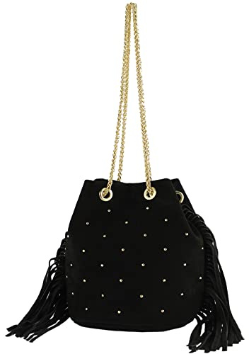 modamoda de T244 Damen Wildleder Umhängetasche mit Fransen und Goldkette, handmade in Italy