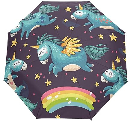 Süßes Kleines Einhorn Stern Regenschirm Taschenschirm Kinder Jungen Mädchen UV-Schutz Auf-Zu Automatik Umbrella Verstärkt Winddichte Zusammenklappbar