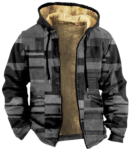 Rosennie Leather Jacket Men College Jacke Herren Herrenjacke Übergangsjacke Oktoberfest Jacke Herren Kariertes Druck Vintage Winterjacke Warme Sweatjacke Mit Kapuze Dicken Fleece Jacke (Grau, 3XL)