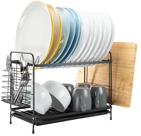 Coselena 2-Tier Black Dish Drainer Rack - Multifunctional Dish Rack with Utensil Holder & Draining Board - Kitchen Storage Rack - Space-Saving Drainers for Kitchen Sink - Countertop Organiser