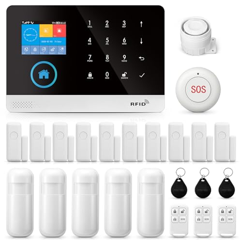 LWOHSI Home Security Alarmanlage WIFI+GSM Alarmanlage DIY Alarm Kit mit PIR-Detektor, Fernbedienungen, Tür-/Fenster-Sensor kompatibel mit Alexa, KEINE monatliche Gebühr, PG103-2GEU-F