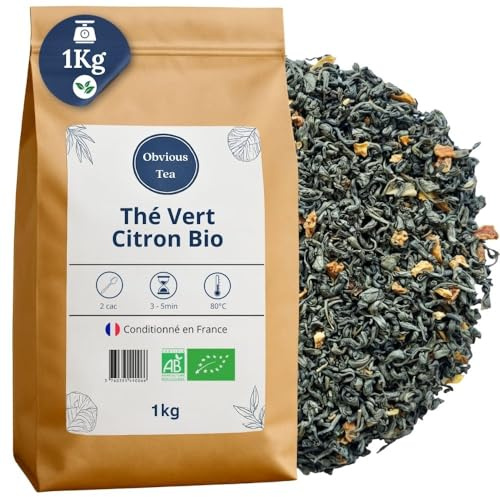 Thé Vert Citron Bio - Thé Chun Mee Vegan en Vrac, 100% Naturel, Sans OGM - Agriculture Biologique - Conditionné en France - Sachet 1 kg (500 Tasses)