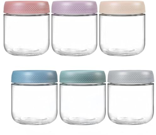 Eidoct 6-Pack 10.6 oz Glass Jar with Screw Lid Leakproof Overnight Oats Container, Yogurt, Oatmeal Salad Jars, for Cereals Milk Fruit Condiment Dressing Sauce Snacks Juice, 6 Colors(6-Pack 300ml)