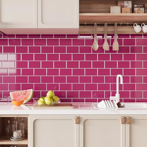 VEELIKE 6 Pièces Credence Adhesive pour Cuisine Rose Magenta 3D Carrelage Adhesif Mural Cuisine Rose Baies Dalle PVC Adhesive Murale Salle de Bain Stickers Carrelage Imperméables 30.5 cm × 30.5 cm