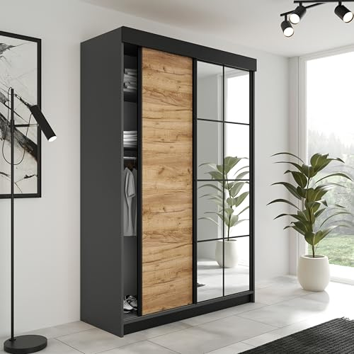 KIER FURNITURE Armoire Dressing LAMARO Graphite/Craft doré 138x205x59 cm | Armoire dressing spacieuse avec rangement pratique pour vêtements et linge, idéale pour chambre adulte ou enfant