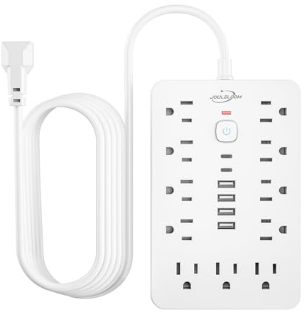 JouleLoom 6 FT Flat Plug Surge Protector Power Strip,11 Multiple AC Outlets with 6 USB Ports (2 USB C), 6 Feet Extension Cord, 1250W/10A, One Touch Switch Button, 17 in 1 Compact powerstrip-White