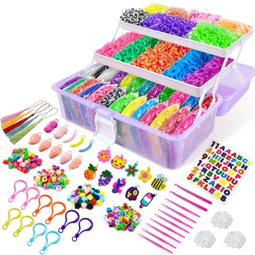 ROSHUKG 14500 Loom Bänder Set, 28 Farben Gummibänder Making Kit mit 3 Schicht-Container für Mädchen Jungen(Violett)