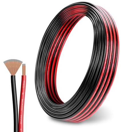 Fil CCA de calibre 12, 15,2 m [noir 7,6 m + rouge 7,6 m] CCA pour automobile, câble de batterie audio de voiture à 2 conducteurs noir et rouge, câble électrique avec gaine en PVC pour ampli de voiture