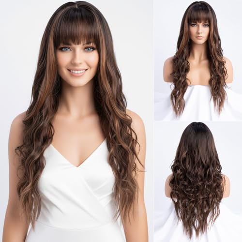 Simkaylee Gewellt Lang Dunkelbraune Perücke mit Pony Wellig Braune Perücke mit 2 Strähnen Vorne Damen Locken Perrücke Braun highlights für Den Alltag Cosplay Karneval Fasching kostüm Anime (66 cm)