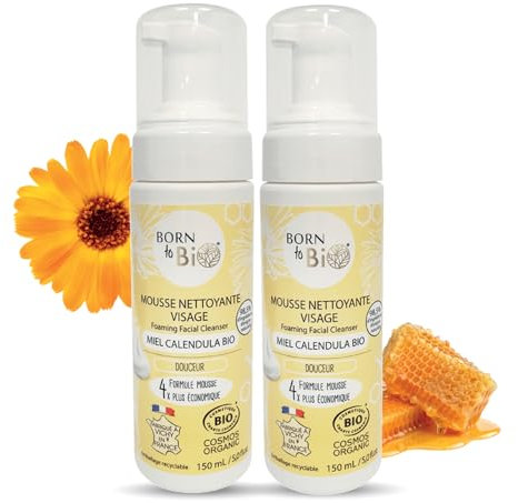 BORN TO BIO Mousse Nettoyante Visage Bio pour Peaux Sensibles - Lot de 2 x 150ml : Douceur - Miel Calendula - Nettoyage Doux et Efficace - Texture Ultra Légère - Certifiée Bio