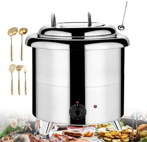 forplubossmmp Hervidor Eléctrico para Sopa, Capacidad De 13 L, Calentador De Alimentos De Acero Inoxidable con 5 Utensilios De Cocina Y 1 Cuchara Sopera para Papilla, Uso Comercial Y Doméstico,White
