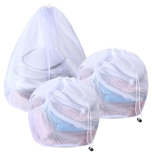 3 Pcs Drawstring Mesh Laundry Bags for Washing Machine Bags for Laundry Delicates Wash Bagss, Reusable Net Washing Bag for Delicates Clothes Socks Bra Underwear, 2 Small(30x40cm), 1 Large(50x60cm)