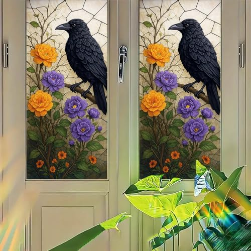 Starlit Patio Raven Window Film Gothic Stained Glass Style Privacy Panel Static Cling Decorative Cover for Entryway Door Study Room Library 17.7x39.3 inch