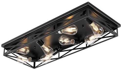 DIKAIDA 8-Light Large Flush Mount Ceiling Light Fixture, 31 Black Hallway Light, Metal Cage Closed to Ceiling Mounted Lights, Farmhouse Flush Mount Light Fixture for Bedroom Kitchen Hallway Entryway
