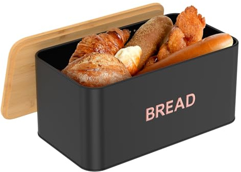 Gatphy Boîte de rangement pour pain 34 x 19 x 15 cm en métal avec couvercle de planche à découper noir/blanc pour plan de travail de cuisine, pain au levain, petits pains, pain (noir)