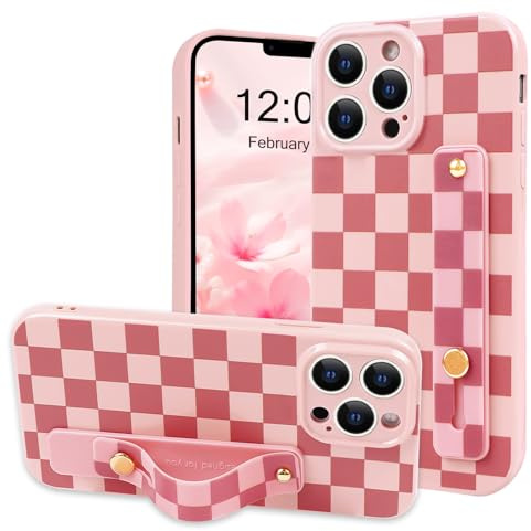 NITITOP Compatible with iPhone 13 Pro Case Cute with Wrist Hand Strap Checkboard Checkered Pattern Aesthetic for Women Girls Plaid Adjustable Kickstand Protective Cover - Pink