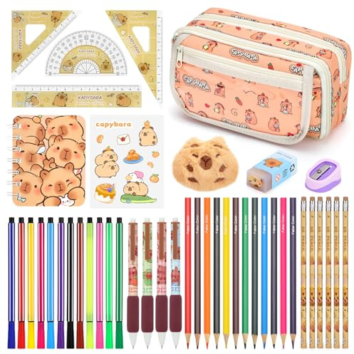 Osmikalo 44 Pezzi Set di Cancelleria Capibara, Astuccio Capibara con Scomparti, Materiale Scolastico con Righelli, Matite, Penne Gel, Pennarelli & Matite Colorate, Regalo Bambina & Bambine, Arancione
