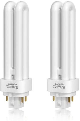 BrightWish 13W G24q-1 4 Pin Light Bulbs, Energy Saving 4 Pin Compact Fluorescent Bulb, 830Lm, Cool White 4000K, 2U Shape, Non-Dimmable,Suitable for Corridor, Bathroom, Bedroom, Kitchen, 2 Pack