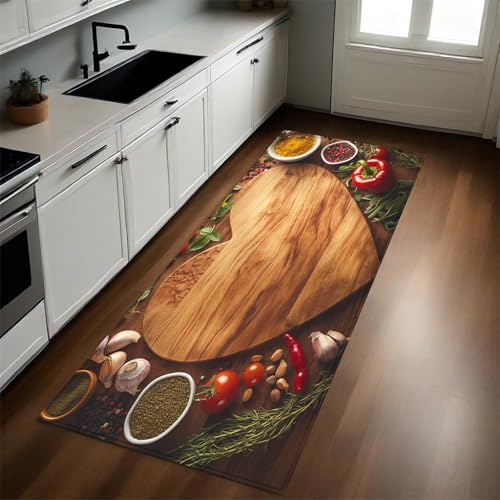 Brown Küchenläufer 60 x 180 cm EIN herzförmiges Holzbrett rutschfest Waschbar Küchenteppich Pflegeleicht Teppich Läufer für Küche Flur Eingangsbereich Esszimmer