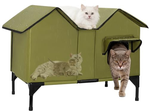 Outdoor Katzenhaus, Extra Large wasserdichtes Katzengehege mit erhöhter Basis, isoliertes Haustierhaus für Indoor-Outdoor-Katzen und kleine Hunde, Schutzhütte für mehrere Streifenhörnchen, Grün