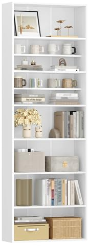 HEXCELEN Bücherregal, 7-Tier Bücherschrank, Standregal, Aufbewahrungsregal, Verstellbare Paneele, für Arbeitszimmer Schlafzimmer Wohnzimmer, Weiß, 24 x 60 x 205 cm