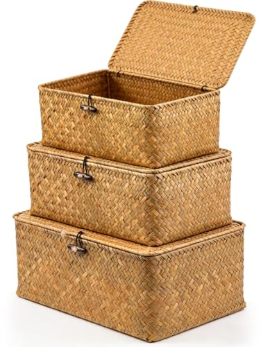 Ruioomeep - Set di 3 cestini di stoccaggio in rattan con coperchio in fibra di posidonia naturale intrecciata - Scatola di stoccaggio con coperchio - In fibra di posidonia naturale - Scatola di