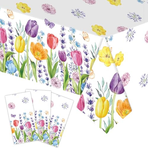 3-Piece 54 x 108 Inch Spring Tulip Floral Plastic Tablecloth – Colorful Wildflower Disposable Rectangle Table Covers with Botanical Border Design for Garden Party, Easter and Spring Celebrations