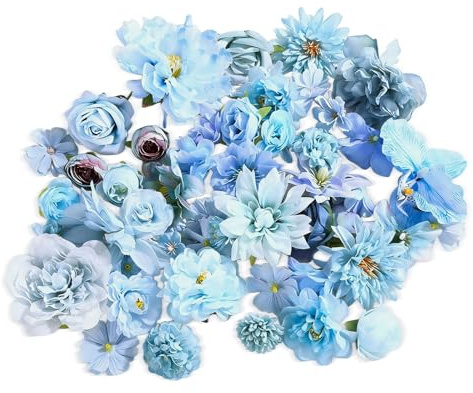 50 Stück Kunstblumen zum Basteln, Blau Künstliche Blumen mit Drei Modelle, Mini Deko Blumen Künstlich, Praktisch Kunstblumen Deko, 3-10CM Dekoblumen für DIY Basteln Scrapbooking Hochzeit Party Home