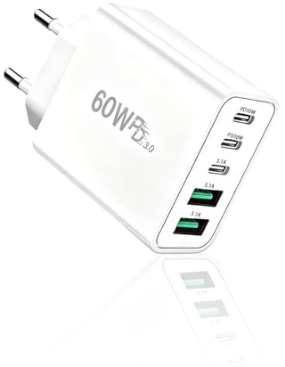 Rantuia 60W GaN Schnellladegerät 5 Port, Kompaktes USB-C Mehrfachladegerät mit 3×USB-C PD & 2×USB-A Anschlüssen, Universal Reise Ladeadapter für iPhone, Samsung, iPad, Switch, Handy & Tablet, Weiß