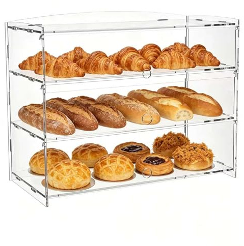 3-Tier Clear Cake Display Acrylic Bakery Display Case with Rear Sliding Doors, Pastry Display Cabinet, 5mm Thickened Dustproof Food Display Stand for Bread, Donuts, Cookies & Dessert Countertop