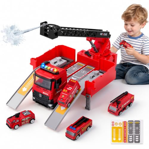 Normodic Feuerwehrauto, Feuerwehr Spielzeug ab 2 3 4 Jahr, Feuerwehr Kinder mit Sprühfunktion, Ausziehbarer Drehleiter, Licht & Sound, Schienenrutsche & Trägheitsantrieb, Ideale Kindergeburtstags