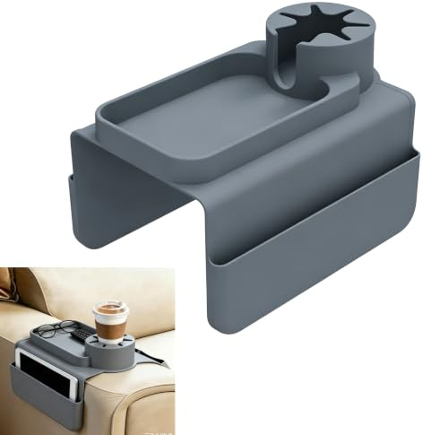 Bandeja Reposabrazos Sofá con Portavasos, Reposabrazos Sofá de Silicona Antideslizante, Bandeja Sofá para Sofá con Soporte Teléfono y Almacenamiento para Taza, Tableta, Control Remoto Snacks, Gris