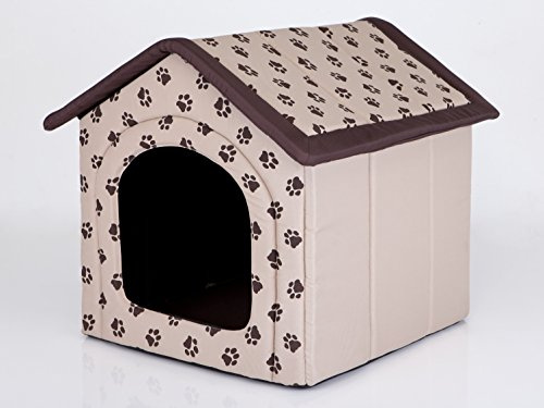 HobbyDog Hundehaus Hundehütte für mittelgroße Hunde - Katzenhaus, Katzenhöhle - mit herausnehmbarem Dach - Tierhaus für Katzen und Hunde für Drinnen/Indoor 60 x 55 x 60 cm [XL] Beige mit Pfoten