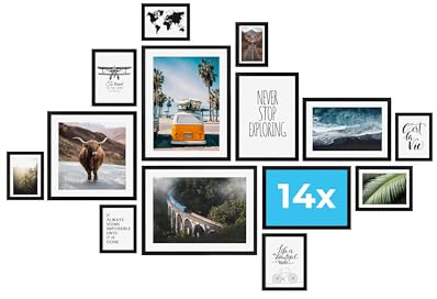 PHOTOLINI Set di 14 cornici per poster nero legno MDF, plexiglass infrangibile, da parete, accessori inclusi - per foto, immagini e poster