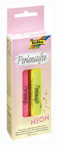 folia 36202 - Perlenstifte Set Neon, 2 Perlen Pens mit je 30 ml Farbe in gelb und pink, für 3D Farbpunkte auf Papier, Textil, Holz, Keramik, usw. nach Trocknung wasserfest, waschbar