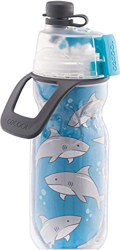 O2COOL Mist 'N Sip Kids Misting Water Bottle 2 in 1 Mist & Sip Function Without Leaking Pull Out Top Spout Kids Water Bottle Sports Water Bottle - 350ml (Shark)