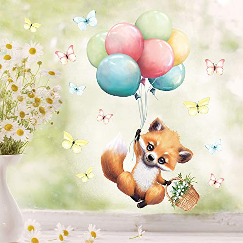 Wandtattoo Loft Fenstersticker Frühling Fuchs mit Ballons Motiv – A4 Bogen, Wiederverwendbar – Frühlingsdeko Fenster, Fensterfolie Frühling Selbstklebend