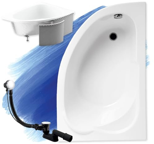 BADLAND Badewanne Original Weiß Acryl Wanne Eckbadewanne STANDARD 130x85 Rechts KOMPLETTSET SET mit Premium Styroporverkleidung + Füßen und Exklusive Chrom Automatik Ablaufgarnitur Made in EU 4in1