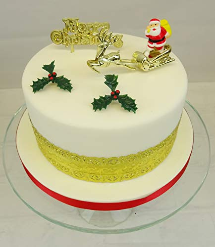 Christmas Decoration Topper Santa Sleigh Holly Gold Motto Traditional Christmas Cake Frill Gold Band - Complete Set